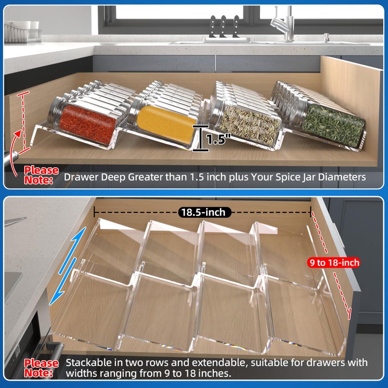 MIUKAA Clear Acrylic Spice Drawer Organizer, 4 Tier- 2 Set Expandable From 9" to 18" Seasoning Jars Drawers Insert, Kitchen Spice Rack Tray for Drawer/Countertop (Jars not included) - Image 4